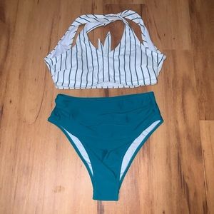 Teal Solid and Striped High Waisted Bikini- New!
